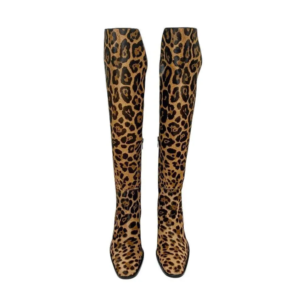 Christian Louboutin Morgan 70 Leopard Pony Hair Over The Knee OTK Boots EU 36